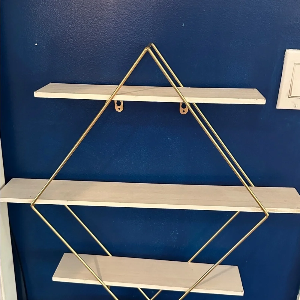 Diamond Shaped Wall-Mounted Shelf with Gold Frame & Wood Panels